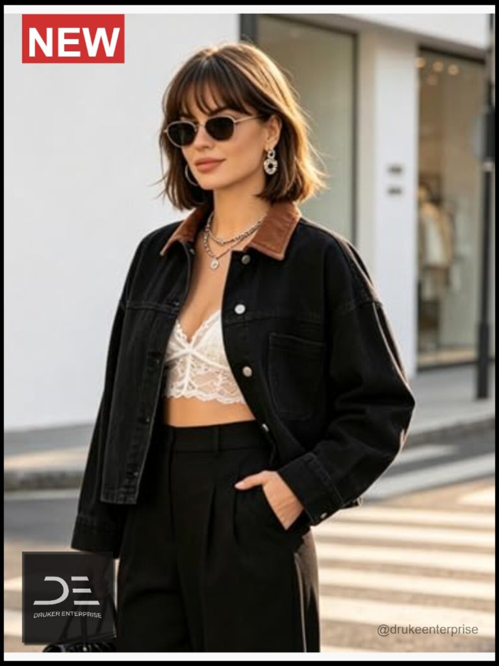 Cropped Oversized Denim Jacket Color Block Patchwork Long Sleeve Trucker Coat - Picture 2 of 7